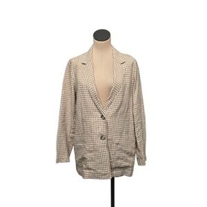 Madewell Blazer‎ Womens Medium Tan White Linen Gingham Check 2 Button Jacket